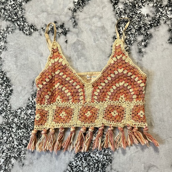 Bog Collective Tops - BOG Collective Crochet‎ Crop Tank Top Womens Sz Medium Boho Fringe Colorful